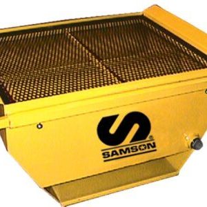 Yellow industrial metal bin with a mesh top, small wheels, and the word Samson with a logo on the side. Ideal for heavy-duty material handling, fluid handling, or waste collection.