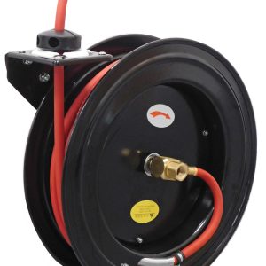 Black metal industrial hose reel mounted on a base, with a red hose wound around it. The reel features a brass connector and a red arrow label indicating the direction for winding, making it suitable for use with a grease pump or oil pump.