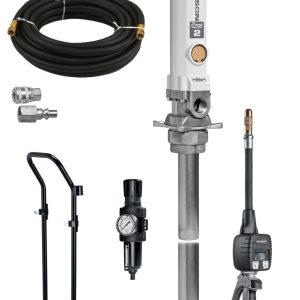 A heavy-duty pump kit designed for efficient fluid handling, featuring a Samson vertical pump, industrial hose reel, hose, fittings, wheeled cart, pressure regulator, and digital dispensing nozzle—all displayed on a white background.