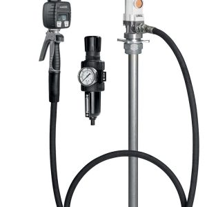 A Samson fuel transfer pump kit designed for efficient fluid handling, featuring a long metal tube, hose, digital meter, nozzle, pressure regulator with gauge, and an air-operated oil pump, all arranged vertically against a white background.
