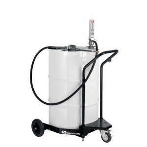 A white industrial barrel sits on a black wheeled cart with a handle and an oil pump, featuring a hose and labeled SAMSON at the base—ideal for use with lubrication equipment or as part of an industrial hose reel setup.