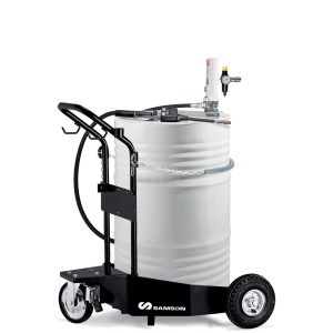 A wheeled drum cart with a white barrel, black handle, and metal chain, featuring an oil pump and hose mounted on top. The cart base is labeled Samson and includes three wheels for mobility, making it ideal for use as lubrication equipment or as part of an industrial hose reel system.