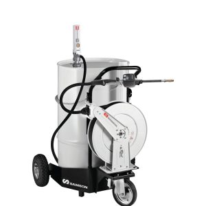 A mobile oil dispensing system with a large silver drum, industrial hose reel, dispensing nozzle, and wheels for transport. The brand Samson is visible on the base of the unit.