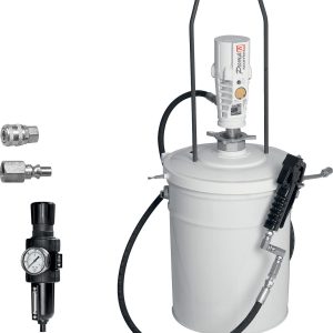 A pneumatic grease pump with a white barrel, attached industrial hose reel, handle, and grease gun. Beside it are three metal fittings and a pressure regulator gauge, ideal for efficient fluid handling.