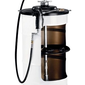 Large white industrial drum with a grease pump, hose, and handle on top, partially cut away to show internal mechanism, mounted on a wheeled stand.