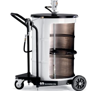 A white industrial drum with a vertical cutaway is mounted on a wheeled black frame with a handle. It features a fluid handling pump mechanism on top and the brand name Samson on the base.