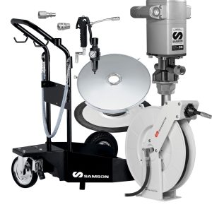 A heavy-duty Samson mobile oil pump system with an industrial hose reel, pump, digital meter, and accessories, all mounted on a wheeled cart. Components are metallic and black, designed for efficient fluid handling in industrial settings.