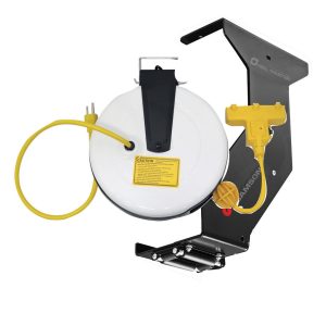 A wall-mounted retractable extension cord reel featuring a yellow power cord and plug, attached to a black metal bracket with mounting hardware, similar in reliability to an industrial hose reel from Samson.