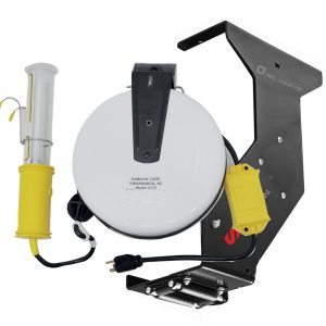 Wall-mounted retractable power cord reel with a white circular housing, yellow power plug, yellow handle with hook, and black mounting bracket. Designed for use in industrial hose reel applications or fluid handling setups, it features an attached fuse holder and a clear plastic tube.
