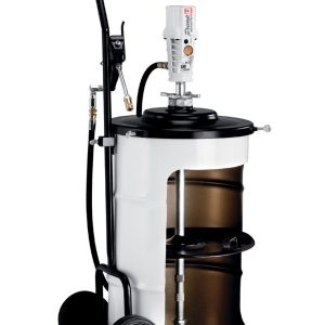 A Samson mobile grease pump with a cutaway view showing internal components, mounted on two wheels and a handle for easy transport, with a dispensing nozzle attached. Ideal for use with an industrial hose reel.