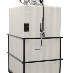 A large white plastic fuel storage tank with a metal frame, industrial hose reel, and fuel dispensing nozzle attached on top stands upright against a plain background. The Samson grease pump enhances its functionality for industrial applications.
