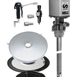 A set of Samson lubrication equipment, featuring a pneumatic pump, industrial hose reel, metal lid, hose, spray gun, regulator, and small fittings, displayed against a white background.