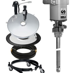 A Samson grease pump kit featuring a silver drum cover, black hose, pressure gun, wheeled base, and a gray industrial grease pump. Various fittings and connectors are included.