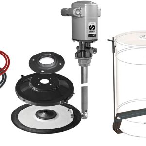 Industrial drum pump kit with hoses, fittings, motor, various circular seals, and a transparent cylindrical container with metal supports—ideal for use as lubrication equipment or as an oil pump—displayed on a white background.
