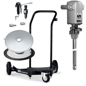 Mobile grease pump kit with a handle, wheels, hose, grease gun, pressure regulator, and metal pump. The components are laid out separately to show the full set of lubrication equipment. The Samson brand is visible on several parts.