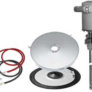 A metallic grease pump assembly with a motor, a round lid, a rubber gasket, two hoses (red and black), and metal connectors is laid out on a white background. This lubrication equipment provides reliable performance for various applications and is compatible with Samson systems.