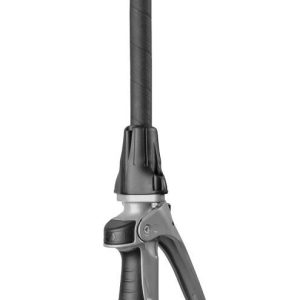 A black and gray spray nozzle with a brass connector, designed for attaching to an industrial hose reel or for fluid handling applications, isolated on a white background.
