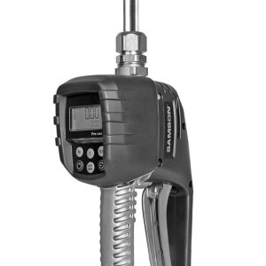 A digital oil dispensing nozzle with a display screen, buttons, and a curved metal spout, used for measuring and dispensing liquids in lubrication equipment or with an industrial hose reel.