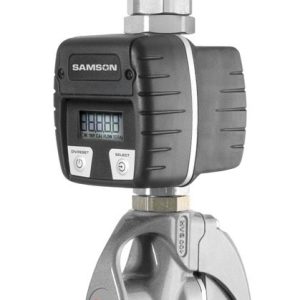 A metallic fuel nozzle with a digital meter display, labeled Samson, featuring a curved spout and ergonomic handle with a red S logo, is ideal for use in lubrication equipment and other fluid handling applications.