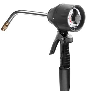 A handheld blowtorch with a black handle, trigger, and adjustable knob, featuring a curved metal nozzle and a labeled control dial on the main body—an ideal companion for use alongside lubrication equipment.
