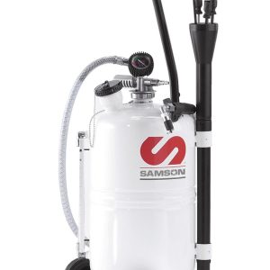 White wheeled oil extractor tank with a handle, industrial hose reel, gauge, and nozzle, featuring the red Samson logo on the front for efficient fluid handling.