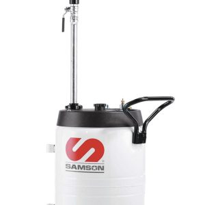A white and black portable oil drain tank with wheels, a handle, a large top pan, and the Samson logo printed on the front—an ideal companion for use alongside an oil pump or grease pump in garage or workshop settings.