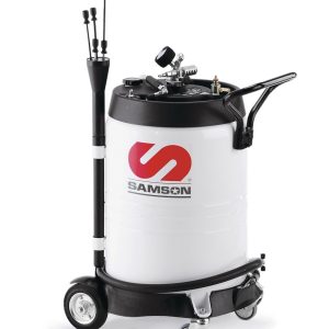 A white SAMSON-branded oil drain tank with a black handle, gauge, hoses, and wheels, designed for collecting and transporting used oil in automotive service environments. For enhanced efficiency, it can be paired with an industrial hose reel to streamline fluid handling operations.