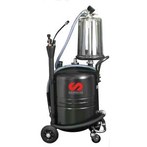 A black, wheeled oil extractor with hoses, a clear collection chamber, and Samson branding, designed for automotive fluid handling and maintenance tasks.