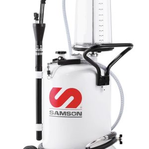 A white Samson-branded oil extractor tank on wheels features attached hoses, a transparent measurement container, and a black handle for easy maneuvering. This unit includes an industrial hose reel for efficient oil pump operation.