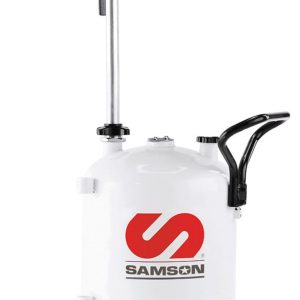 A white Samson oil drain tank with a large black funnel on top features an oil pump and is mounted on four wheels with a handle for mobility.