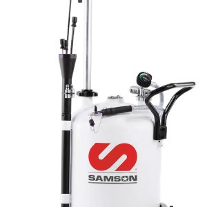 White oil drain tank on wheels with black collection pan on top, hoses for fluid handling, a gauge, and Samson logo on the front.