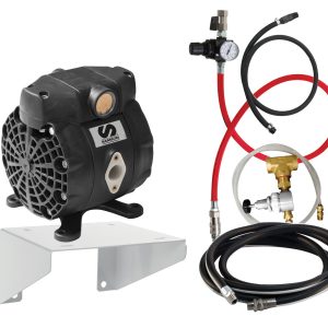 Black air compressor with a white mounting bracket on the left, and various hoses, valves, and pressure gauge components—including lubrication equipment—arranged on the right, used for air system connections.