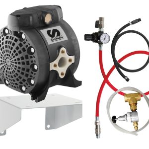 Black and silver air compressor with a logo, shown next to attached hoses, pressure gauge, and brass fittings for fluid handling applications, all laid out on a white background.