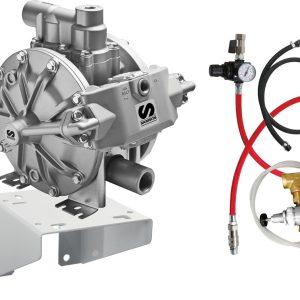 A metallic diaphragm pump, designed for fluid handling, with a mounting bracket is shown on the left. On the right are black and red hoses connected to regulators, pressure gauges, and brass fittings. All items are set against a white background.