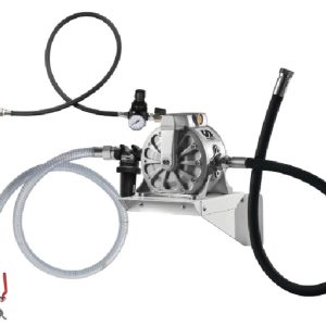 Industrial pump assembly featuring attached hoses, a pressure gauge, and a metal mounting bracket, designed for efficient fluid handling and lubrication equipment applications on a white background.