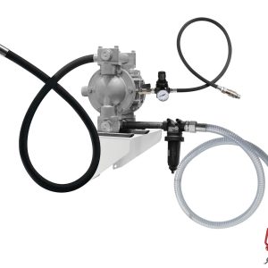 Wall-mounted industrial pump system designed for efficient fluid handling, equipped with hoses, a pressure gauge, and a filter. The setup includes connectors and a valve, making it suitable for oil pump applications or lubrication equipment.