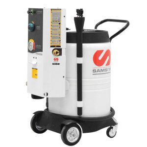 A white and black mobile fluid handling machine with a control panel, gauges, wheels, and a large red S logo on the tank, labeled SAMSON.