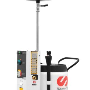 A mobile oil drain tank with a black collection pan, control panel, and wheels for easy transport. Designed for efficient fluid handling, the white tank features a red S logo and a handle for easy maneuvering.