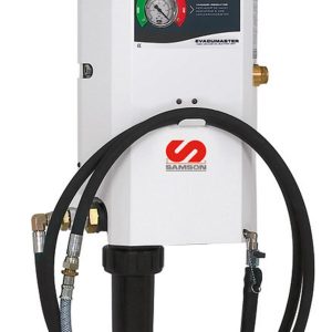 White industrial wall-mounted lubrication equipment with control panel, gauge, and dial; two black hoses attach to the bottom. The brand name Samson and a red logo appear on the front.