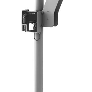 A tall, vertical metal post with a mechanical arm extending from the side and a digital control box attached, all mounted on a sturdy base, designed for use with Samson lubrication equipment or as part of a grease pump system.