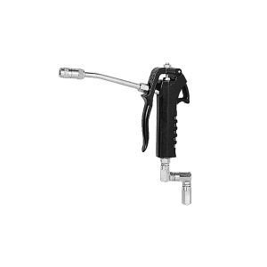 A black and silver grease pump with a curved metal nozzle, ergonomic handle, and angled metal attachment at the base, shown on a white background.