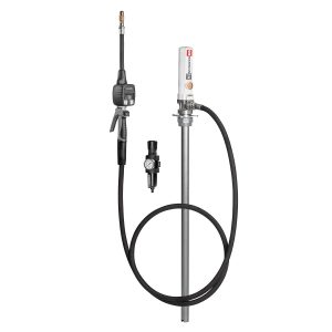 A metal oil pump with a long vertical tube, black hose, control gun, pressure gauge, and handle designed for transferring liquids from barrels or containers. Ideal for fluid handling applications, this pump integrates seamlessly with an industrial hose reel and is compatible with Samson products.
