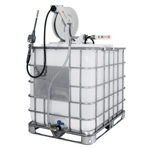 A large white plastic container with a metal cage, hose, nozzle, and reel on top, used for fluid handling and dispensing liquids. Suitable for use with a Samson oil pump system.