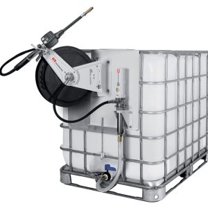 A large white plastic IBC tank with a metal cage, fitted with a hose reel and dispensing equipment—such as a Samson oil pump—attached to the top and side.