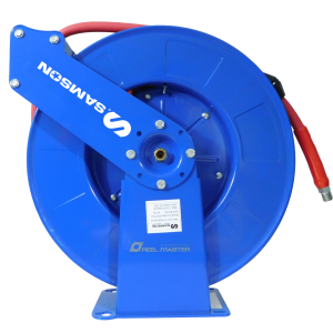 Blue SAMSON industrial hose reel with a red hose coiled inside, mounted on a metal base labeled REEL MASTER. The hose end is visible on the right, and the reel is set against a white background.