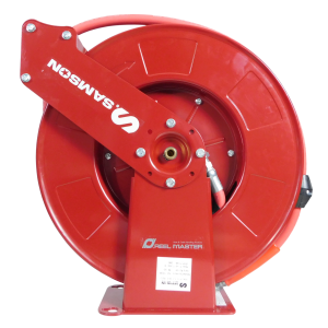 A red Samson industrial hose reel with a mounted bracket, labeled Reel Master, features a coiled orange hose and displays the visible brand logo and product information on the front.