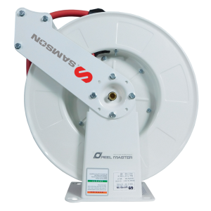 A white industrial hose reel with the SAMSON brand name in red letters, mounted on a metal bracket and designed for fluid handling applications, with a red hose partially visible at the top.