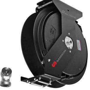 Black, wall-mounted industrial hose reel labeled SAMSUN, designed for use with lubrication equipment, with a separate metal hose connector displayed nearby on a white background.
