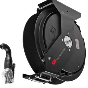 A black industrial hose reel with a metal frame, labeled Samson, is shown mounted on a bracket. A separate black nozzle with a curved handle is positioned to the left of the reel, designed for efficient fluid handling in demanding environments.