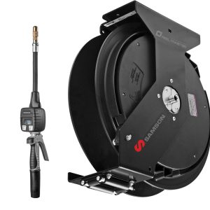 A black hose reel labeled Samson with a mounted metal bracket is shown next to a digital fuel nozzle with a display screen and handle, ideal for professional fluid handling or lubrication equipment setups.